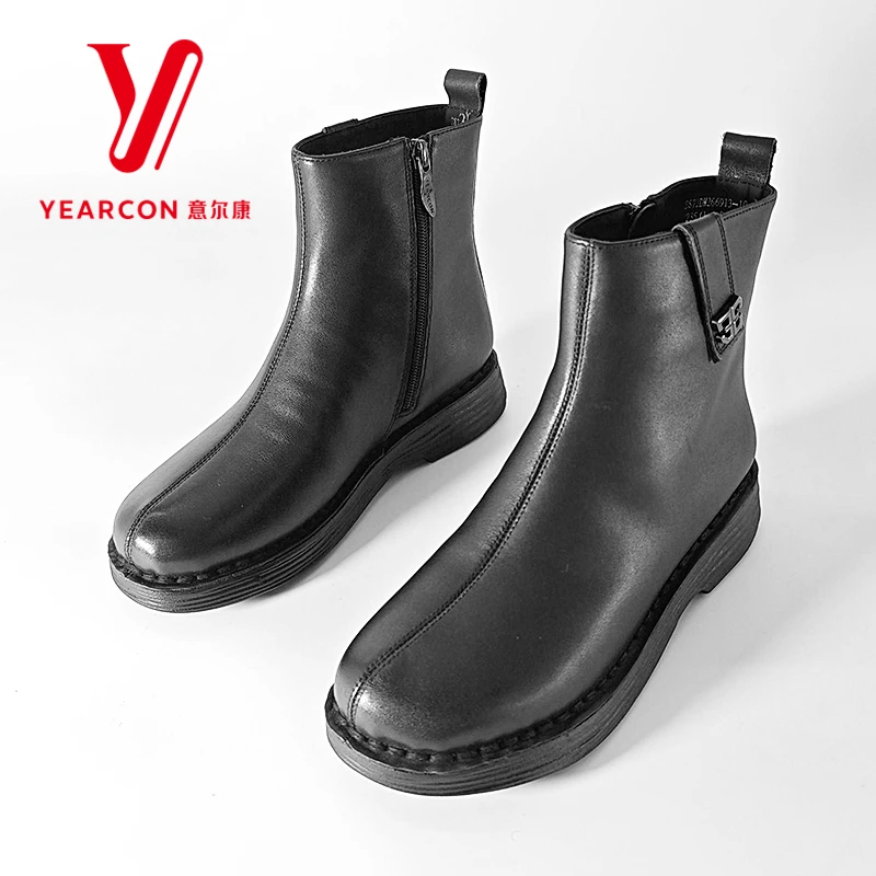 意尔康女靴冬季加绒真皮短靴女平底休闲时尚百搭瘦瘦靴266913