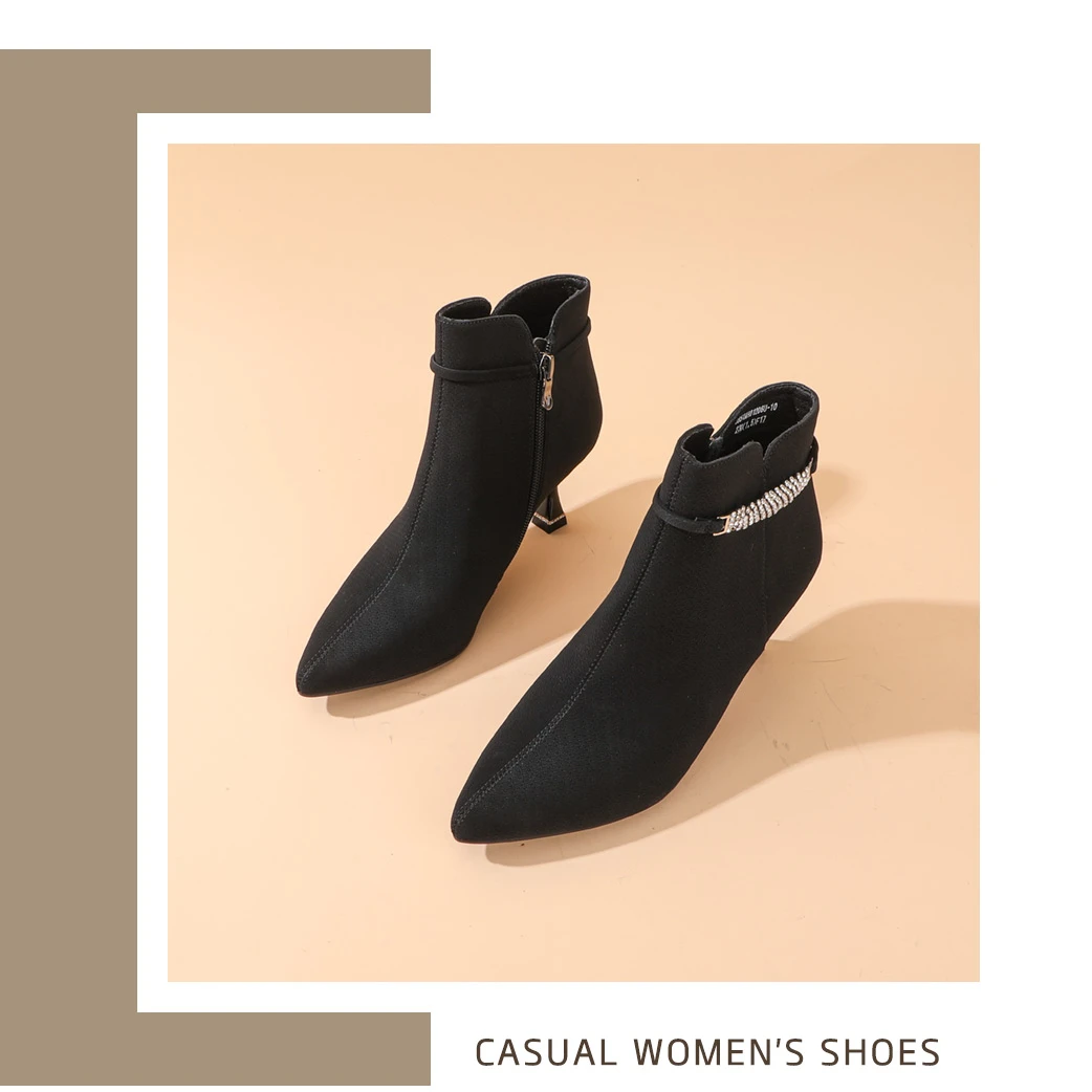 意尔康冬季新款尖头细跟瘦瘦靴小个子高跟短靴01206U