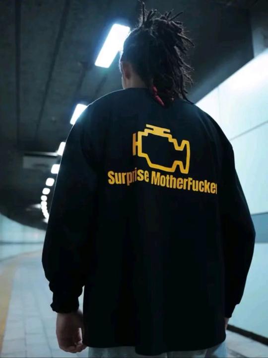 机车t恤 故障灯 260克长袖落肩小圆领长袖男士黑色印花透气