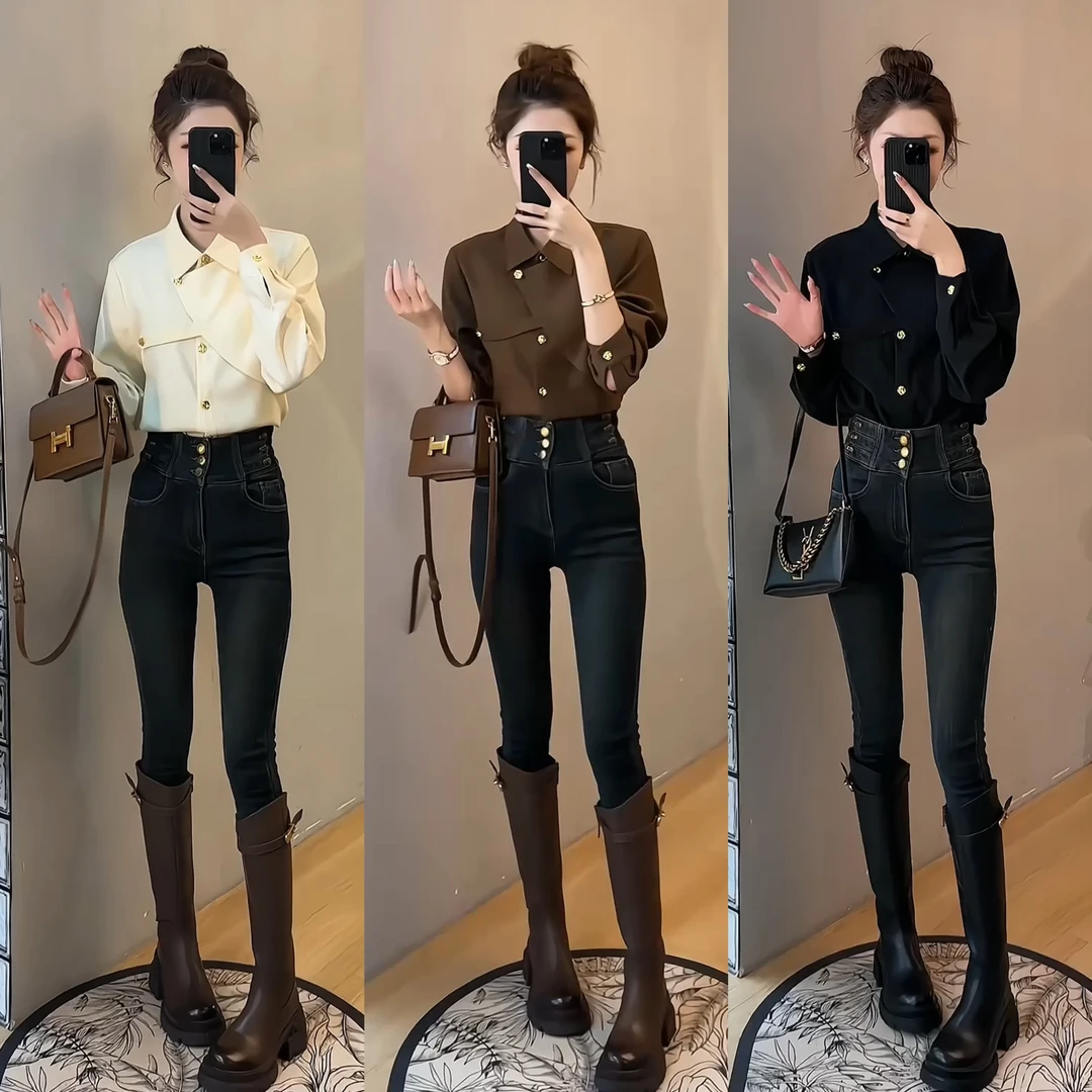 设计衬衫轻奢优雅翻领长袖+复古三排扣高腰修身出游服装女
