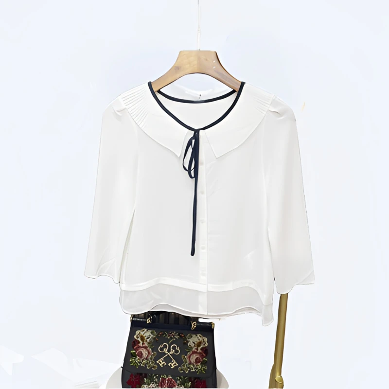 风琴领飘带款鬼皱女衬衫百搭学院风女衬衫白衬衫