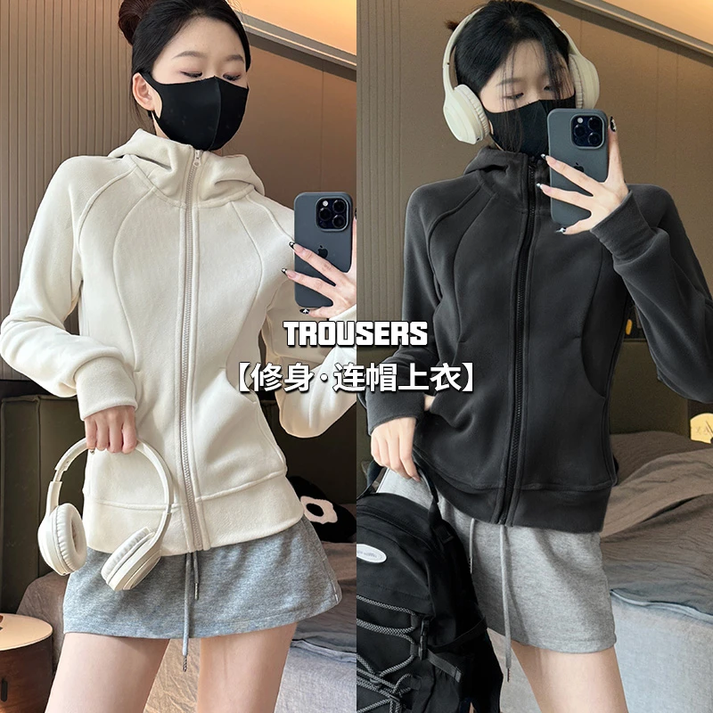正版加厚秋冬美式修身连帽卫衣奥利绒显瘦健身瑜伽宽松外套