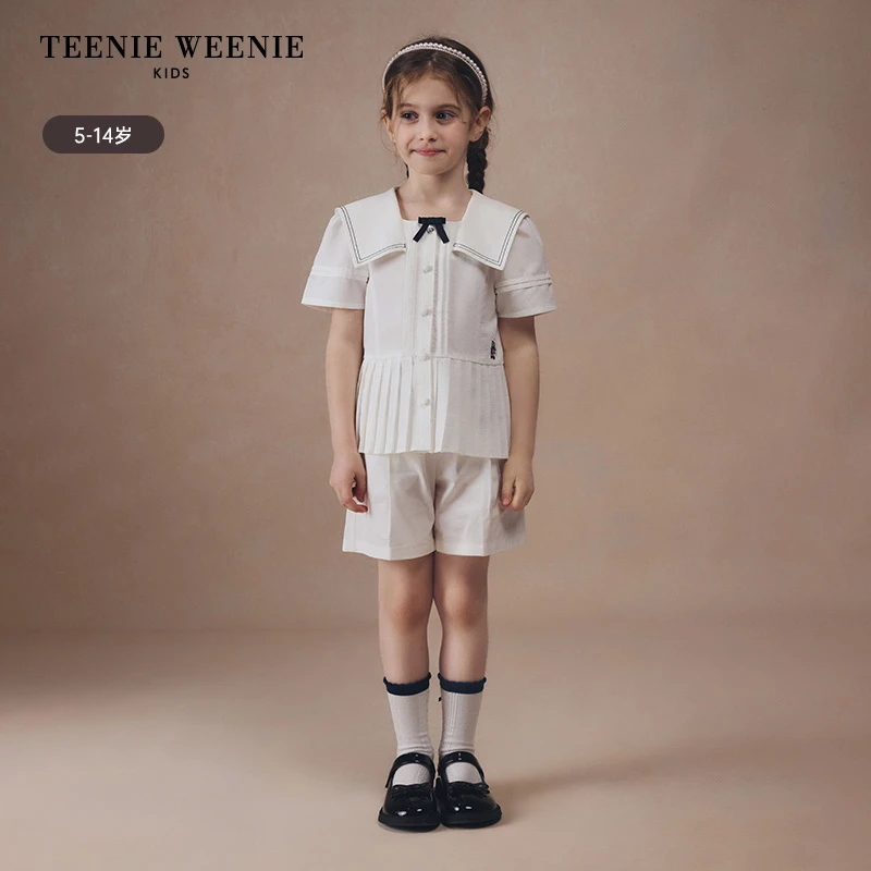 TeenieWeenieKids24年夏季款女童甜美海军领短袖衬衫TKYW242451B