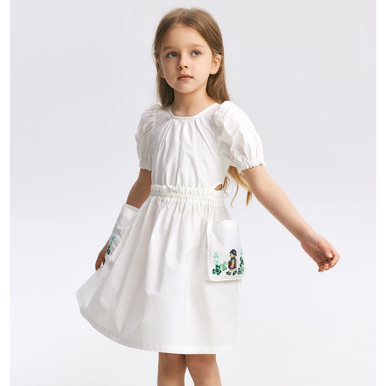 TeenieWeenieKids24年夏款女童褶皱泡泡袖全棉连衣裙TKOW246347N