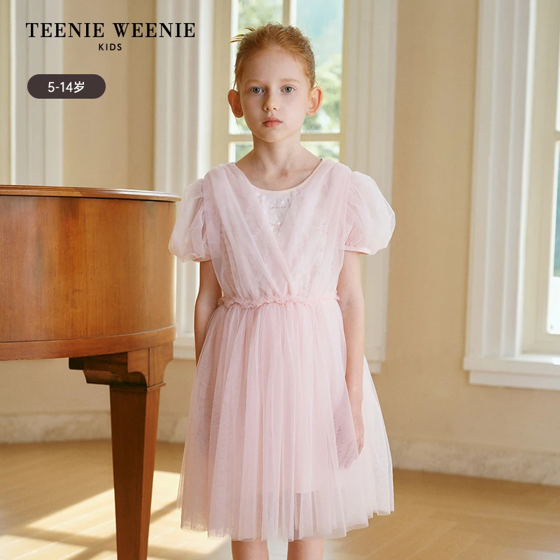 TeenieWeenieKids24年夏款女童亮片泡泡袖网纱连衣裙TKOW242657B