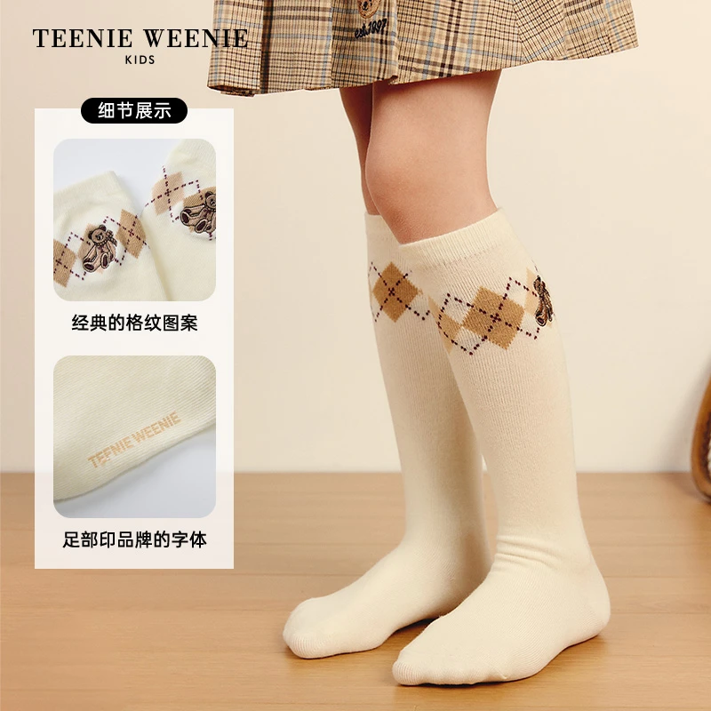 TeenieWeenieKids24年女童菱形格经典百搭提花半筒袜TKAY24F852A