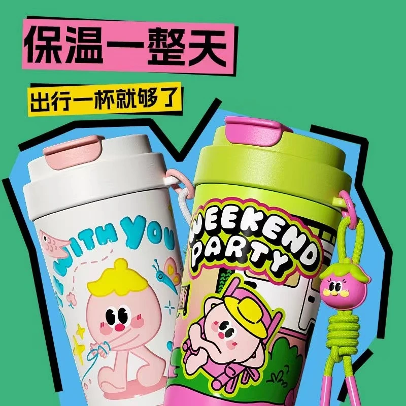 新款陶瓷覆层咖啡杯创意卡通涂鸦嘟嘟杯水杯便携随行双饮吸管杯