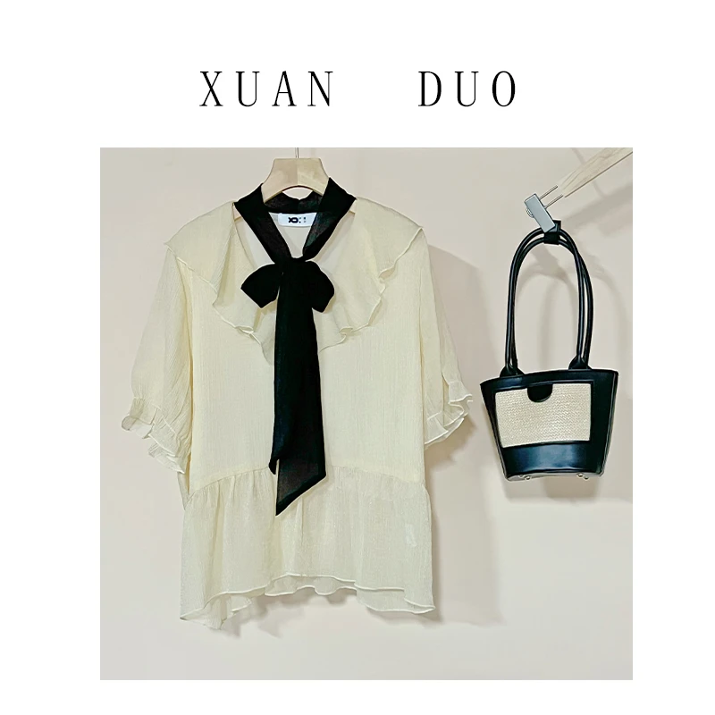 【泡芙】大码衬衫萱多家法式复古胖mm宽松遮肉显瘦蝴蝶结衬衫