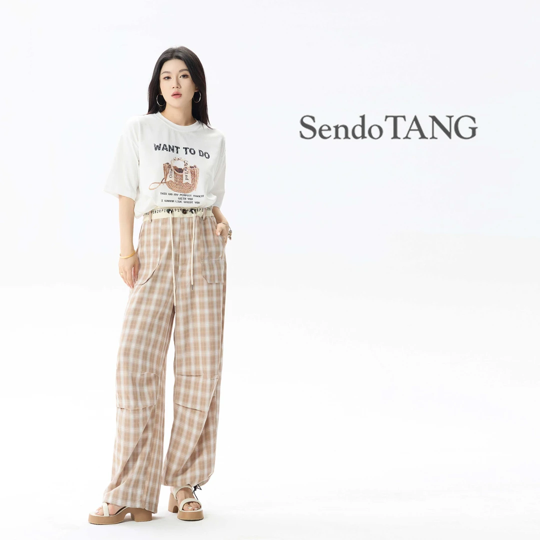 【不问归期】胖多家大码女装气质宽松微胖薄款格子两穿工装豆角裤