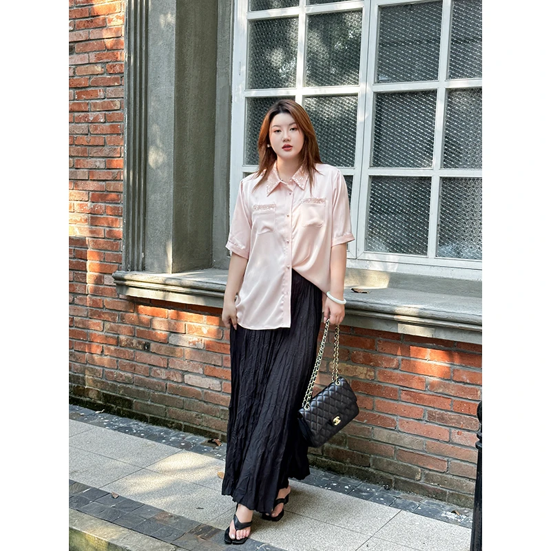 【花海】萱多家大码衬衫夏季时尚休闲上衣高腰遮肉宽松显瘦衬衫