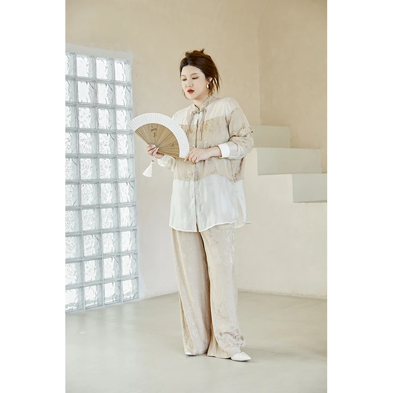 【心如止水】大码套装萱多家长袖中式古风镂纹国风休闲显瘦两件套