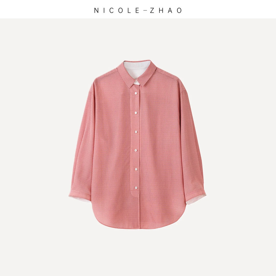 NZ3301【NICOLE.ZHAO】高端设计师款春季细红格长袖衬衫时尚