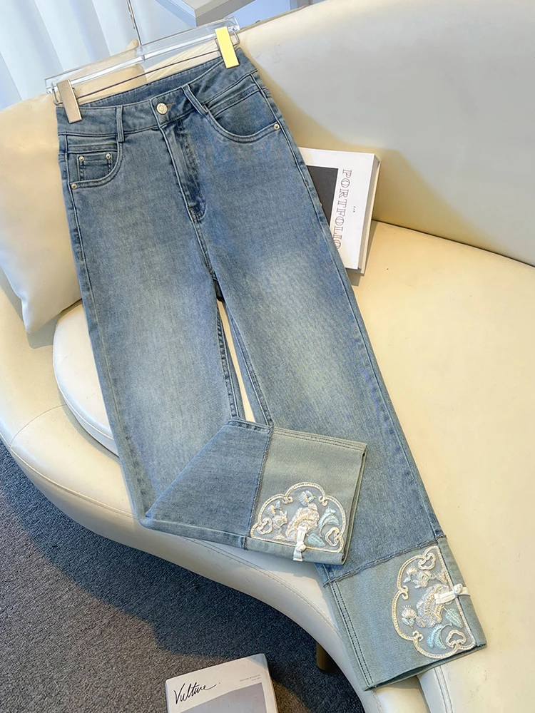 中式直筒九分裤牛仔裤女夏季新款薄款九分裤子爆款国风刺绣烟管裤