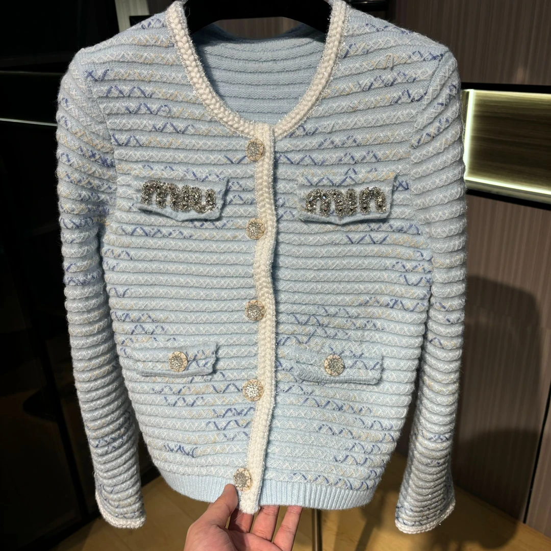 <猪猪出品>秋上新小香风气质百搭蓝圆领秋冬编织长袖针织开衫235