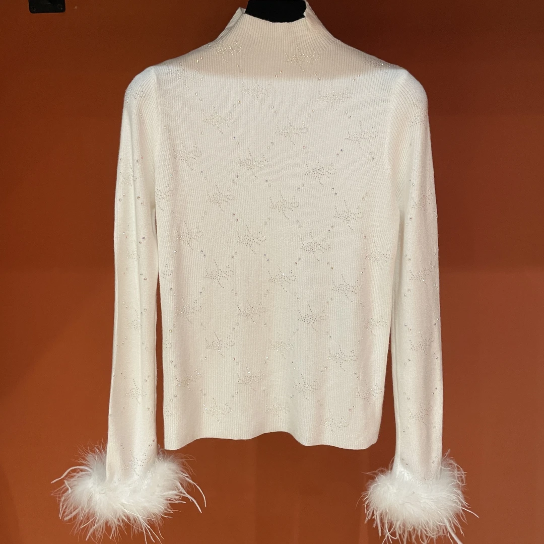 <猪猪出品>长袖针织衫打底驼鸟毛百搭烫钻秋冬套头修身米白色125
