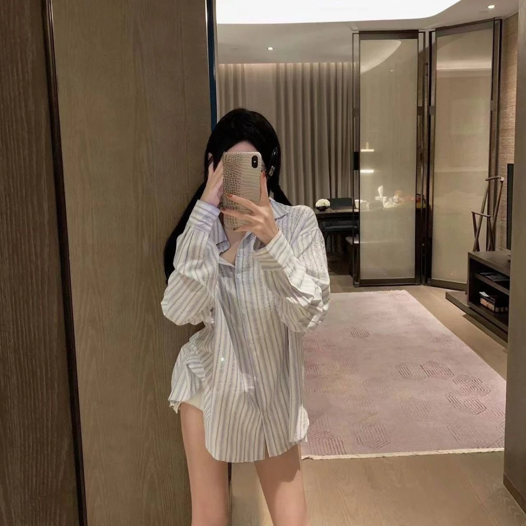 2024宝藏衣橱上新慵懒风烫钻条纹衬衫长袖防晒衬衣女士显瘦高版本