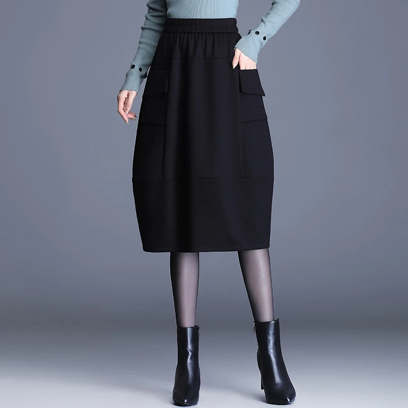 时尚气质灯笼裙2024秋冬新款高腰修身显瘦半身裙中长款黑色百搭裙