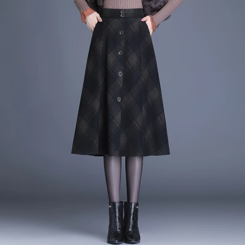 高档毛呢格纹半身裙2024秋冬新款高腰修身显瘦A字裙中长款气质裙