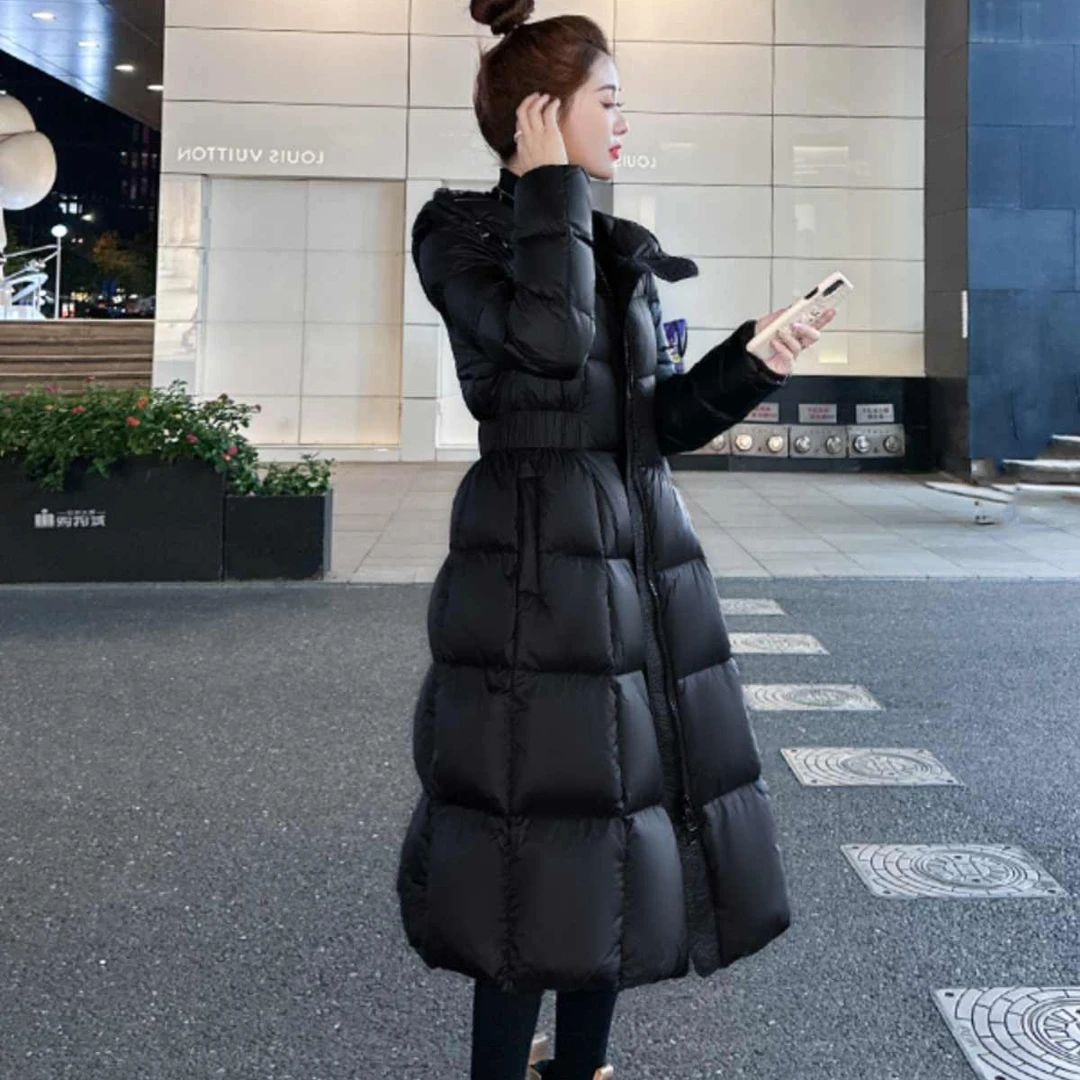 收腰显瘦过膝款黑色加厚时尚棉服女外套