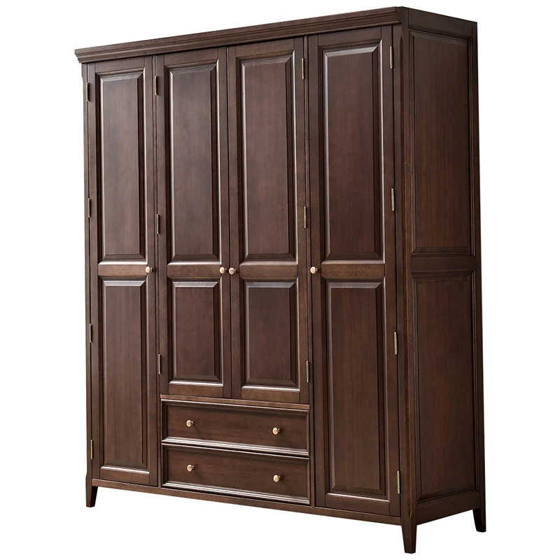 美式实木衣柜乡村复古家用四门带抽屉平开门卧室全实木储物大衣柜