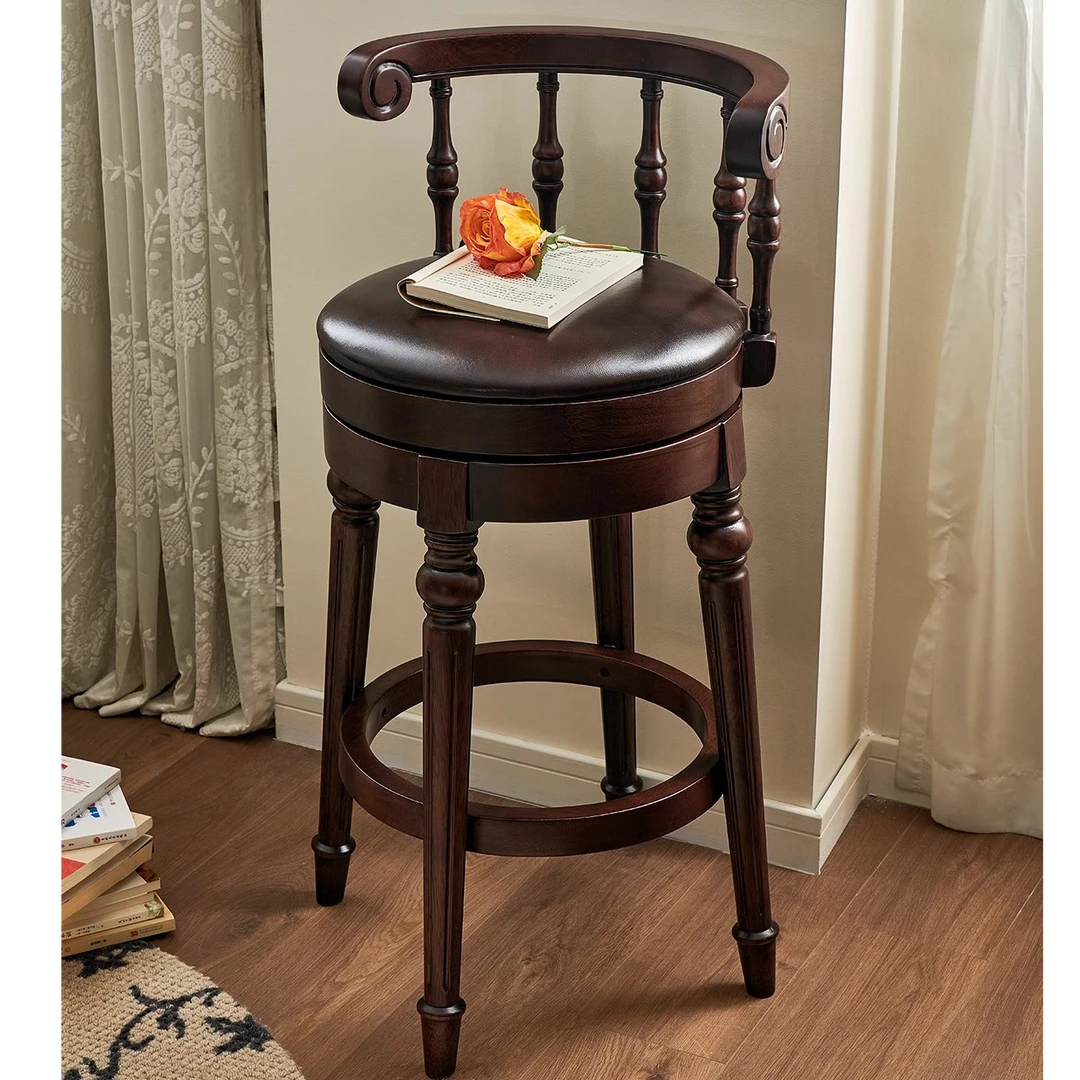 美式实木旋转吧台椅高脚凳客厅阳台休闲椅高级感复古风家用高椅子