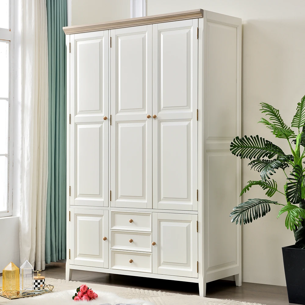 美式白色奶油风实木衣柜三门四门家用卧室全原木核桃木小户型衣橱