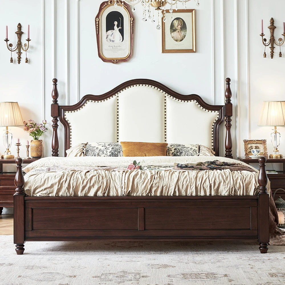 帝罗堡美式全实木真皮软靠樱桃木复古风双人床主卧室高端大气大床