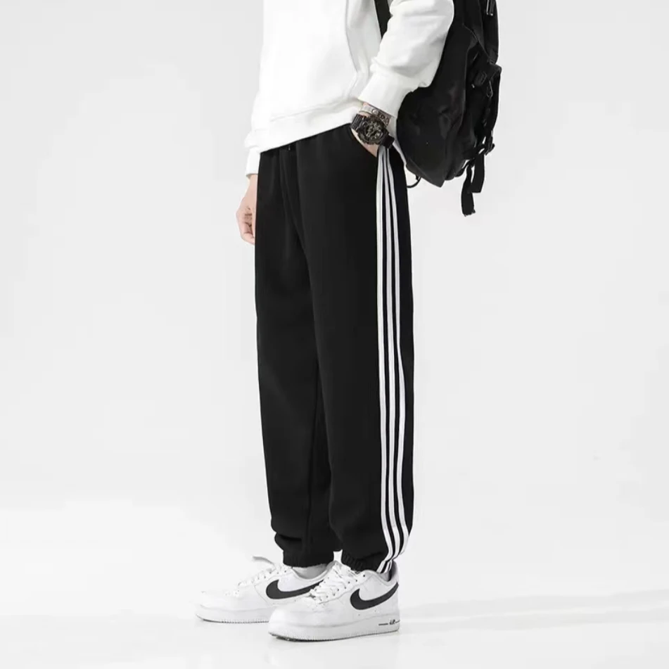 条纹三边棉料百搭夏季薄款裤子运动宽松直筒裤束脚款三条杠休闲裤