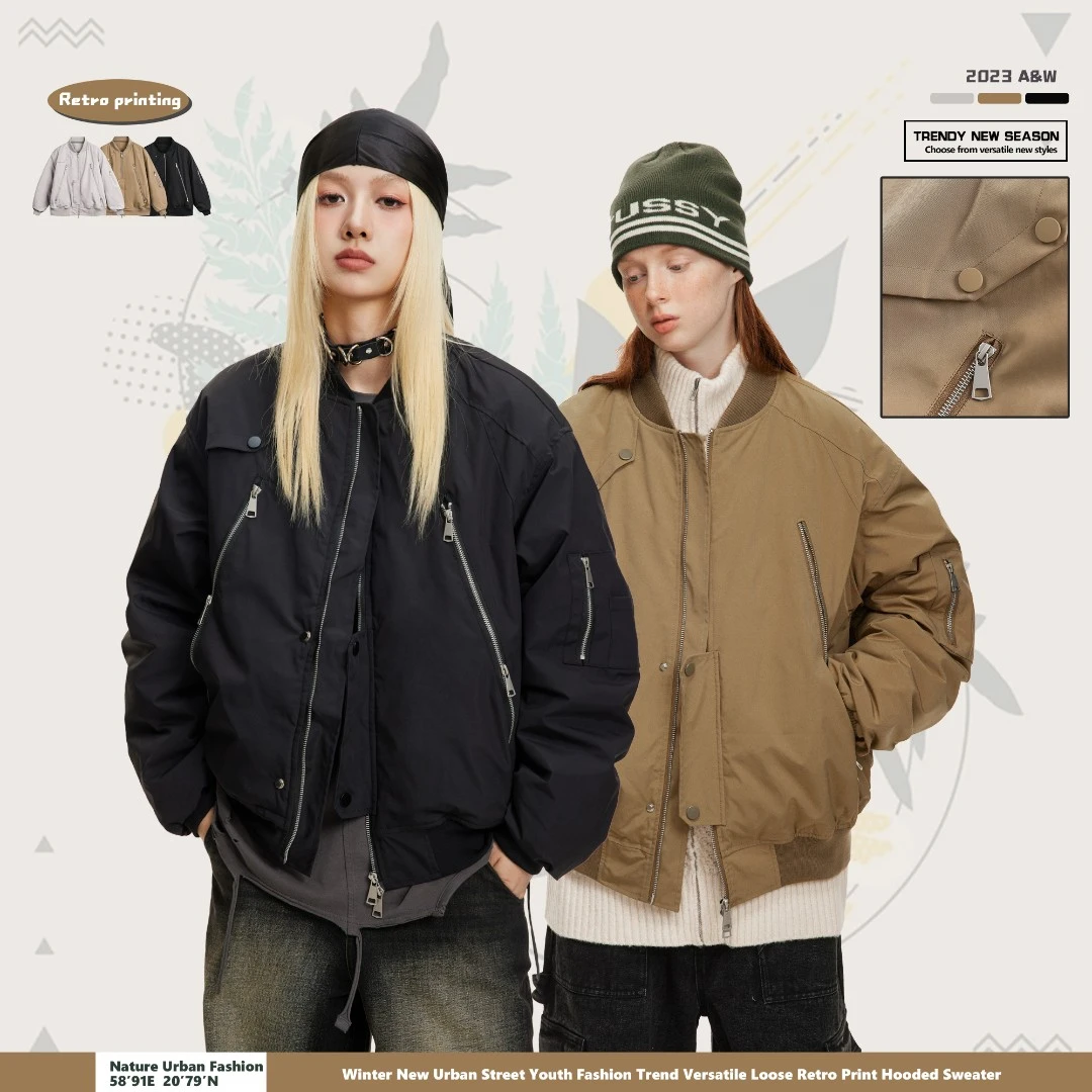 高街拉链设计工装棉服加厚保暖中性情侣外套宽松休闲百搭秋冬