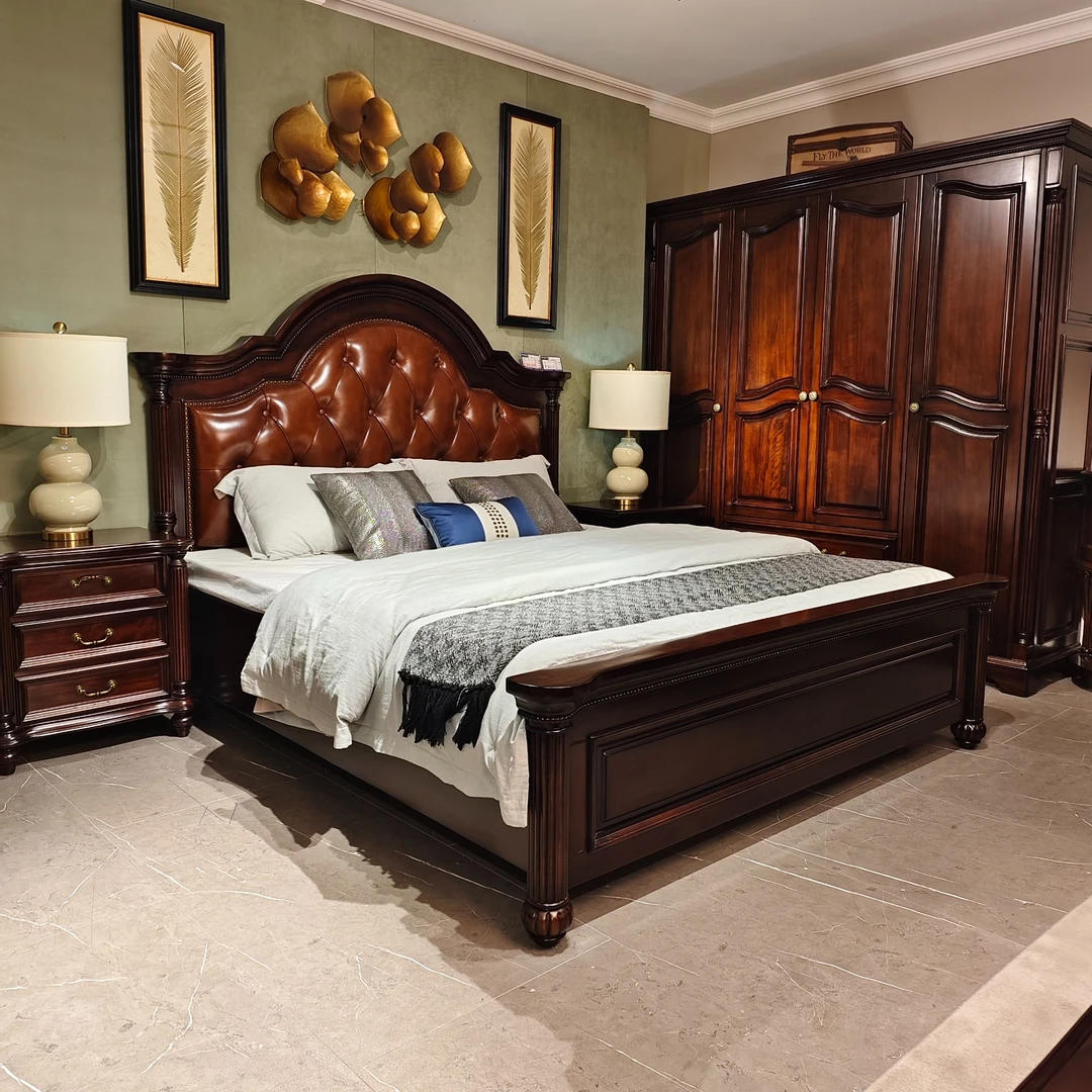 大美风美式纯实木床真皮软包大床婚床轻奢复古主卧双人美式床储物