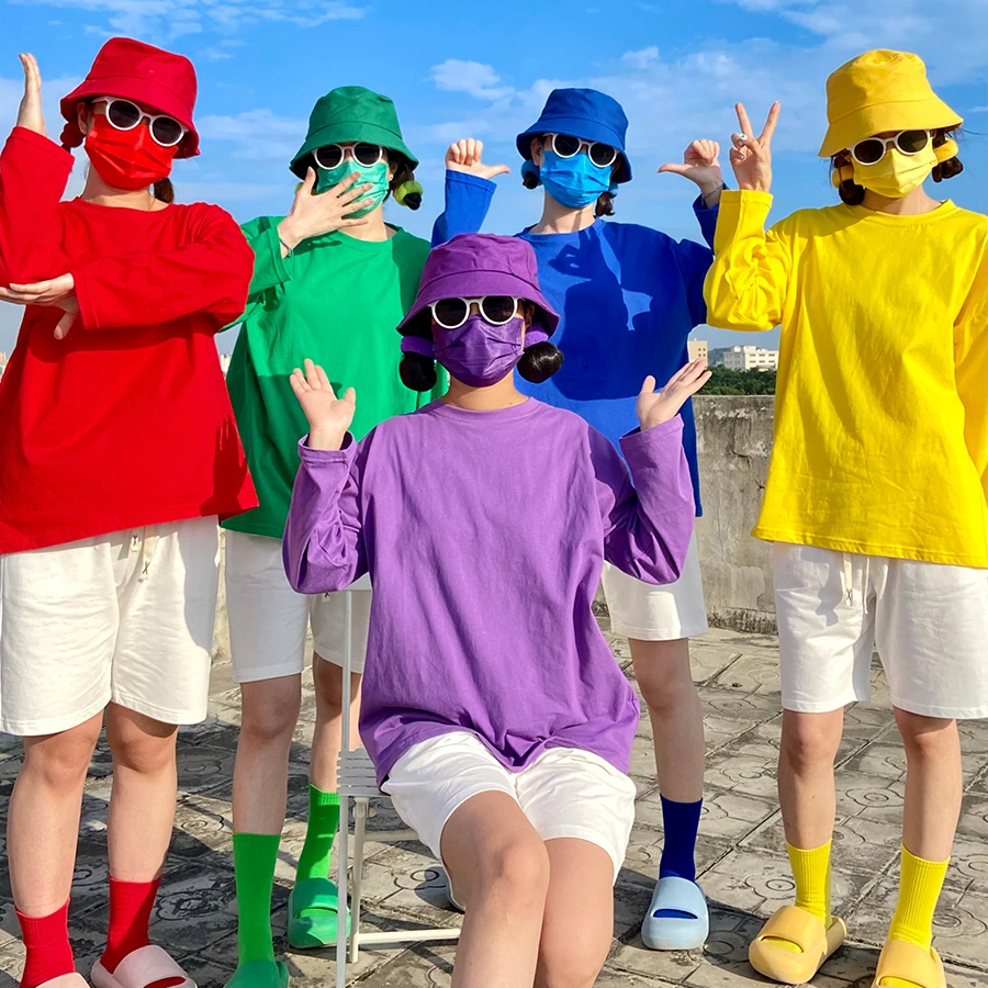 秋季出游穿搭休闲运动班服闺蜜装姐妹装宽松纯棉长袖彩色t恤套装