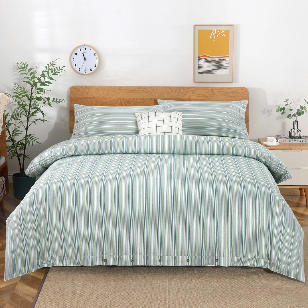 山东纯棉老粗布四件套三件套复古条纹简约扣子款棉床单被罩四件套