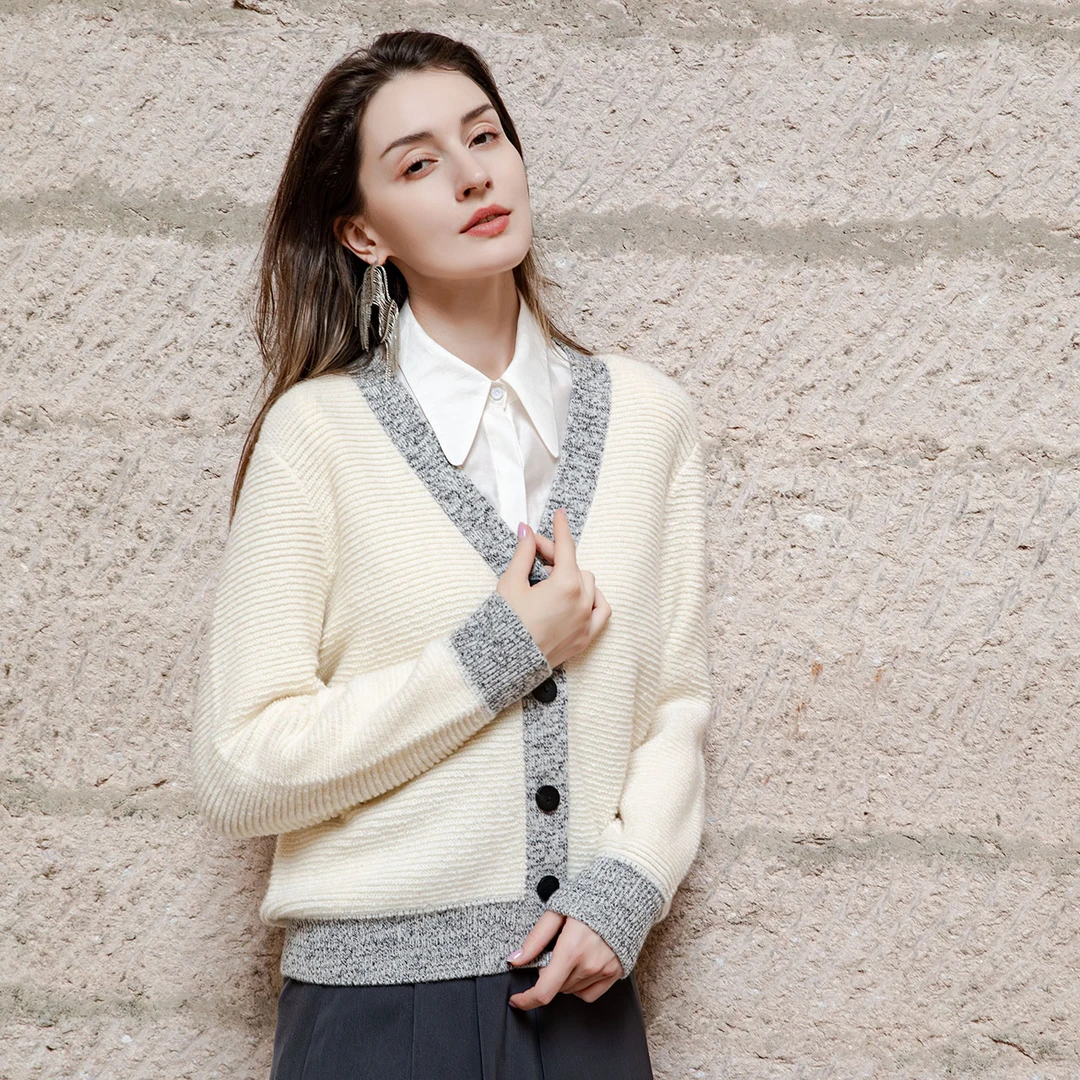 TUHUANG/兔皇纯山羊绒V领毛巾圈小香风时尚女士开衫ZBTH221052