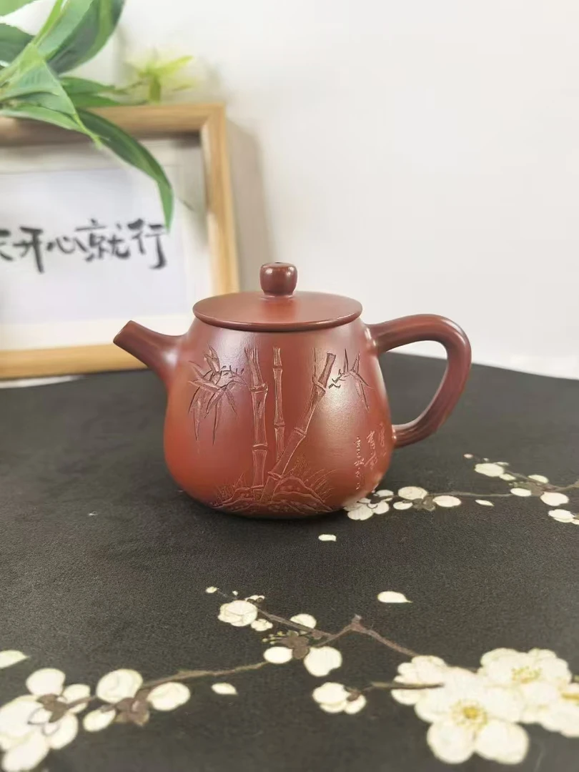 朱泥节节高升竹刻高瓢 紫砂壶