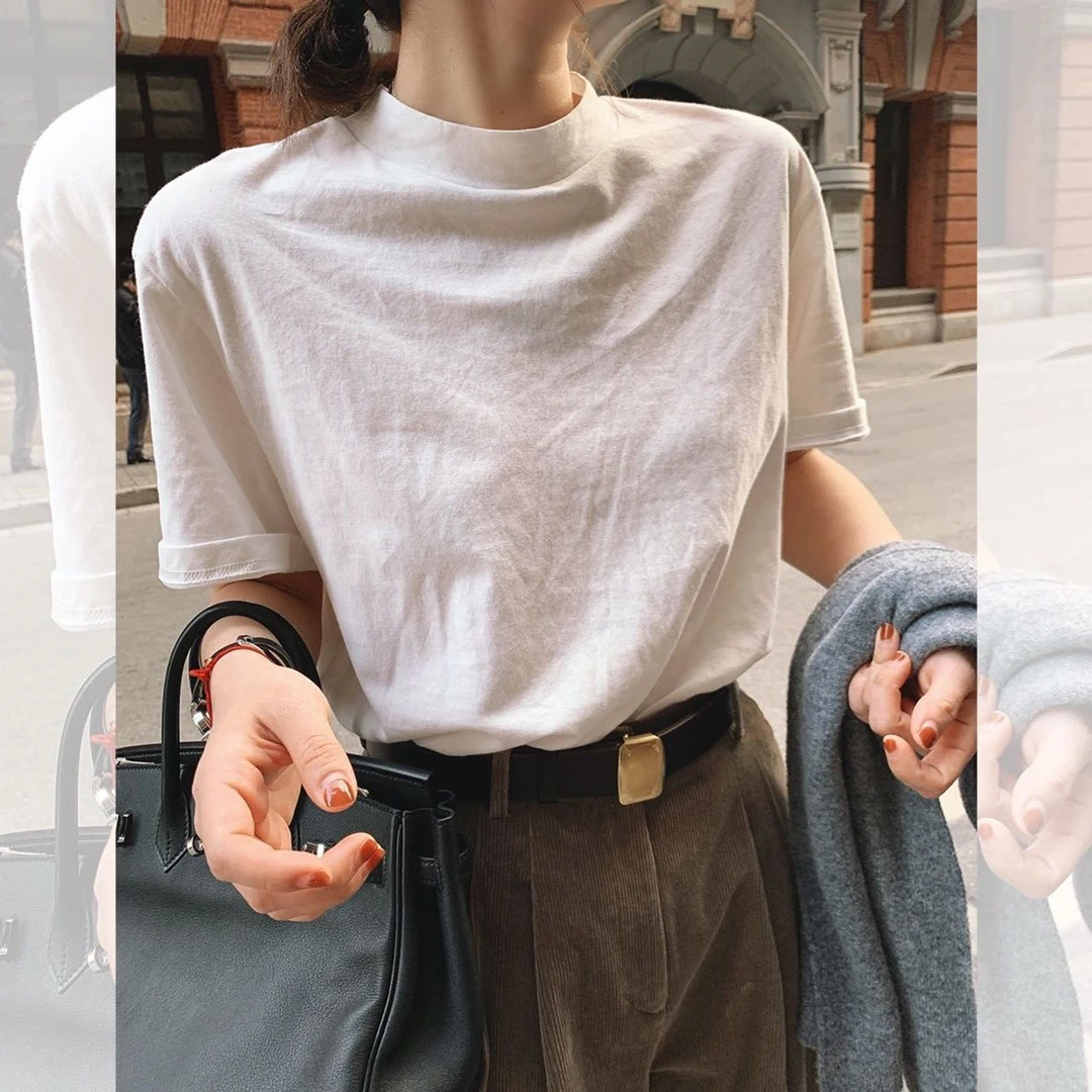 夏季新款半高领短袖T恤女韩版简约百搭上衣宽松显瘦纯色打底衫