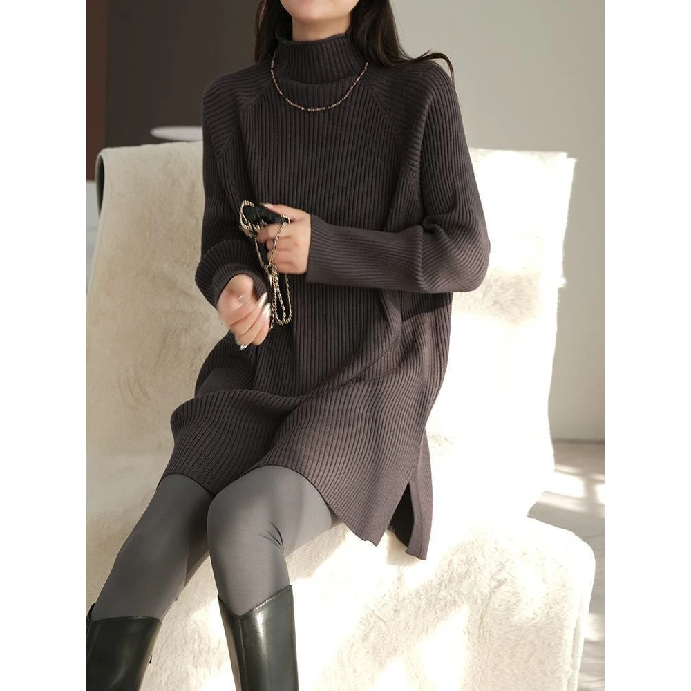 秋冬毛衣女新款高级感半高领洋气宽松内搭中长款过臀打底针织衫女