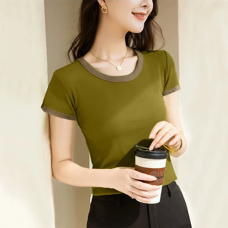 2025新款正肩百搭螺纹优质透气短袖t恤夏季小个子夏日圆领女上衣