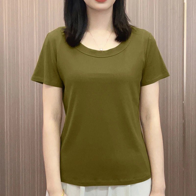 春夏圆领螺纹冰丝透气显瘦纯色设计感百搭打底衫夏季女款休闲短袖