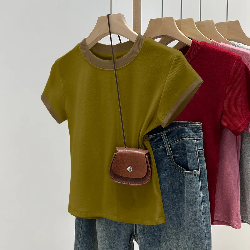 正肩显瘦圆领打底百搭设计感螺纹2025年夏季纯色上衣潮短袖T恤女