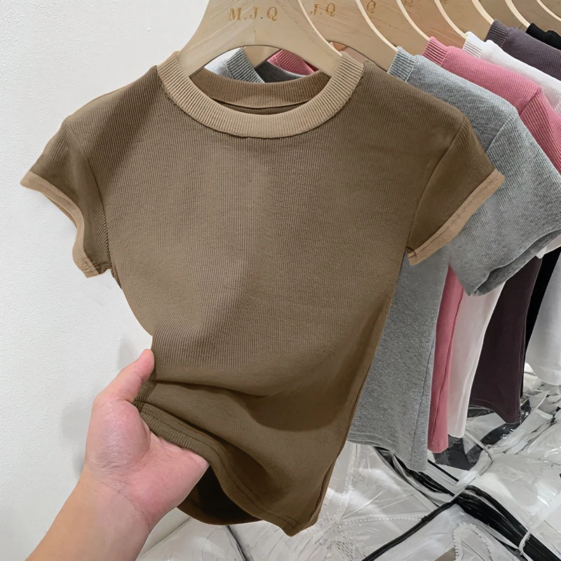 2025圆领纯色时尚短袖t恤上衣新款夏季显瘦女百搭正肩螺纹打底衫