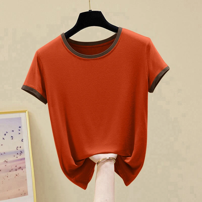 夏季新款T恤螺纹圆领2025女冰丝t恤打底拼接外穿短袖上衣内搭百搭