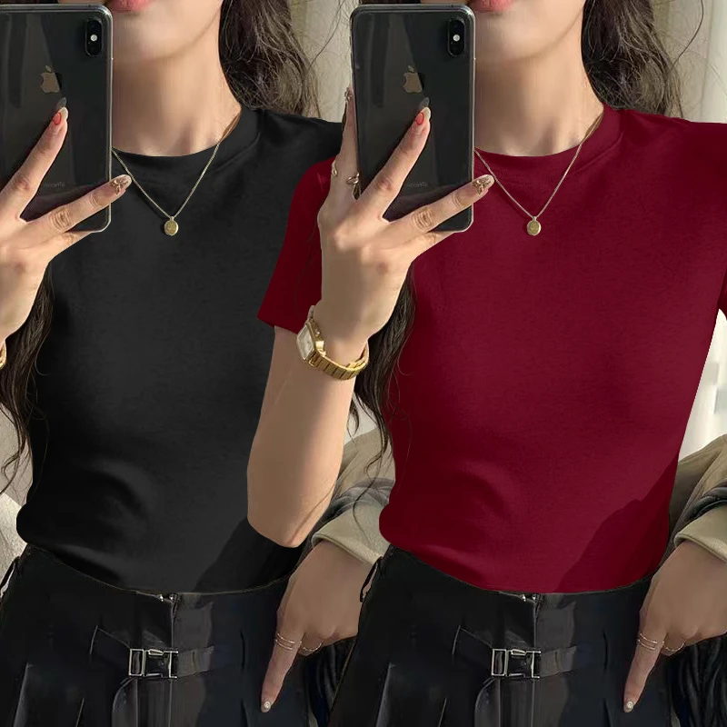 圆领纯色短袖T恤修身短款螺纹显瘦打底衫女2025夏季新款百搭上衣