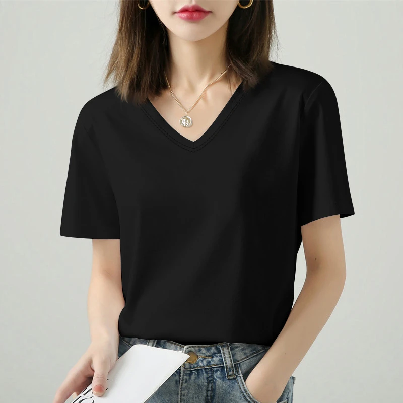 新款半袖小众大码短袖V领潮流t恤衫2025春夏女简约设计感正肩上衣