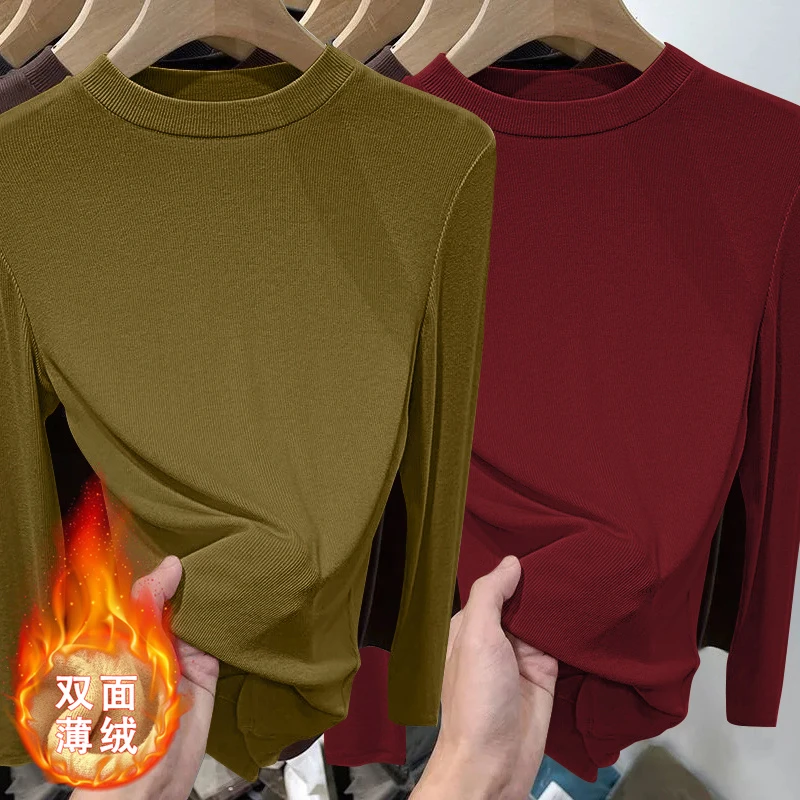 单/两件 2025秋冬季螺纹德绒保暖长袖打底衫女修身显瘦百搭t恤女