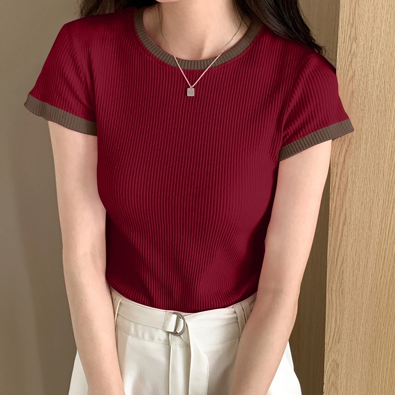新款T恤螺纹夏季2025女冰丝t恤外穿短袖拼接打底圆领内搭上衣百搭