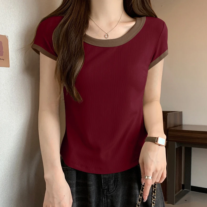 2025夏季螺纹高腰正肩短袖显瘦上衣春夏设计感纯色插肩拼接女T恤