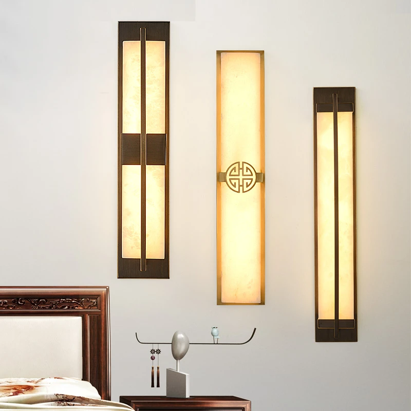 跃豪全铜新中式壁灯客厅电视背景墙格栅灯中式高档云石长条墙壁灯