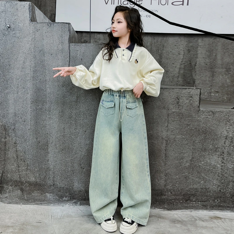 童装女童秋装卫衣套装春秋新款大童洋气韩版时髦阔腿牛仔裤两件套