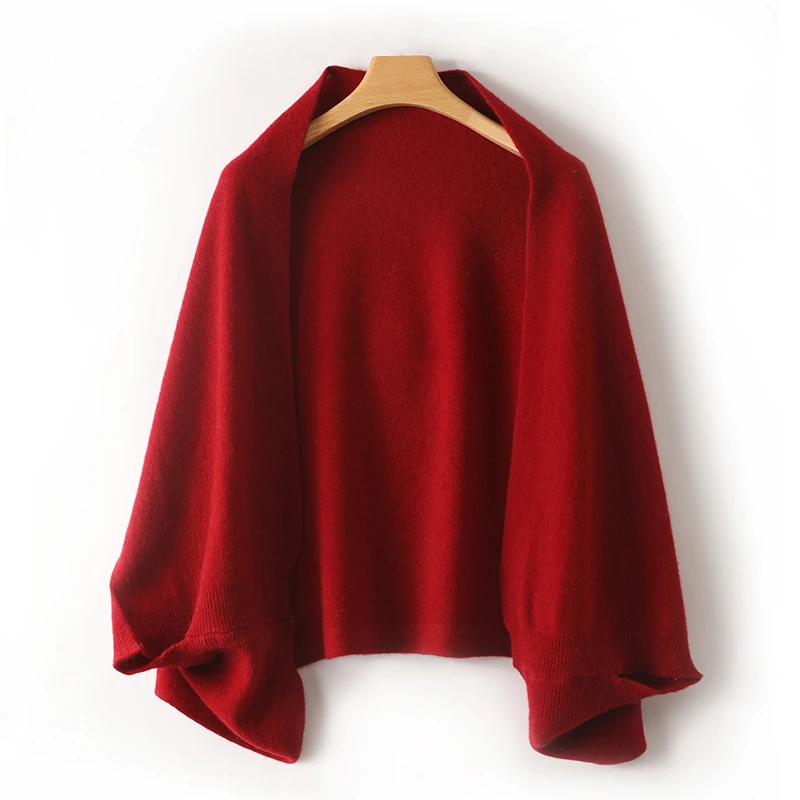 高端羊毛针织披肩女斗篷外套秋冬配旗袍围巾两用宽松外搭羊毛开衫