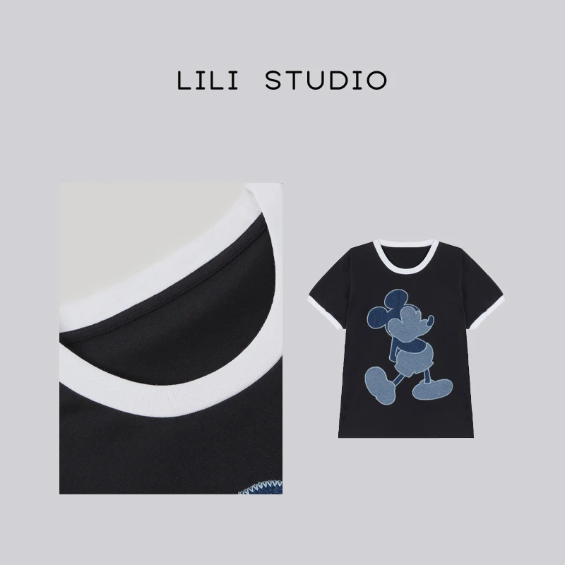 PCNY「老鼠字母」不理理夏季新款复古牛仔贴布撞色短袖T恤上衣女装